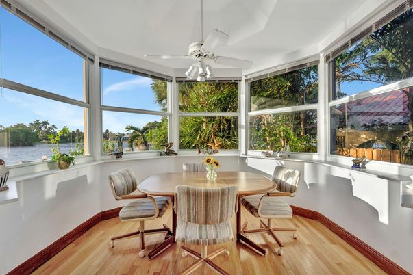 Dining room, Interior, Sun Room, Water, Wood Texture Flooring