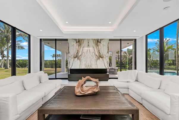 Interior, Living room, Marble Walls, Recessed Lighting, Wood Texture Flooring