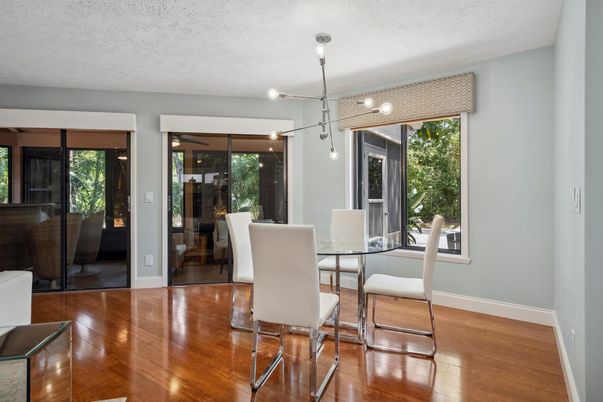 Dining room, Interior, Pendant Lights, Wood Texture Flooring