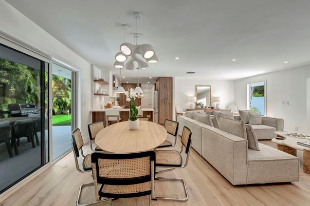 Dining room, Interior, Kitchen, Living room, Pendant Lights, Recessed Lighting, Wood Texture Flooring
