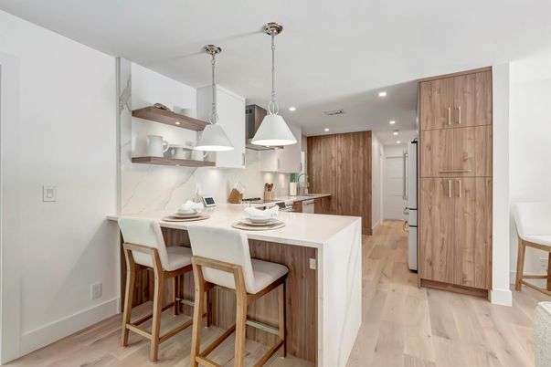 Interior, Kitchen, Pendant Lights, Recessed Lighting, Wood Texture Flooring