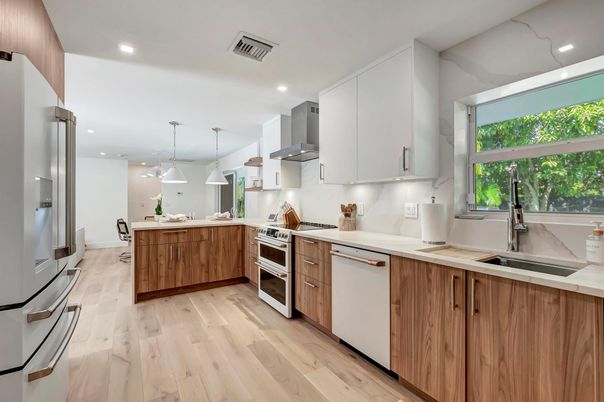 Interior, Kitchen, Pendant Lights, Recessed Lighting, Stainless Steel Appliances, Wood Texture Flooring