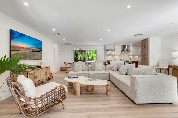 Dining room, Interior, Kitchen, Living room, Pendant Lights, Recessed Lighting, Stainless Steel Appliances, Wood Texture Flooring