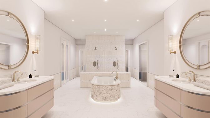 Bathroom, Dual Sink Vanities, Interior, Marble, Recessed Lighting