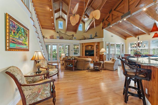 Chandelier, Dining room, Fireplace, Interior, Living room, Recessed Lighting, Wooden Beams, Wooden Ceilings, Wood Texture Flooring