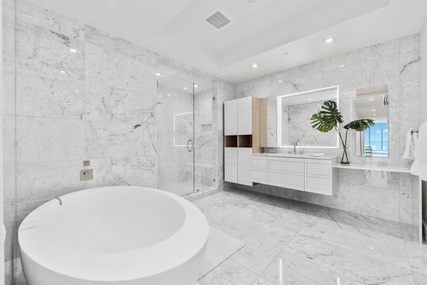 Bathroom, Dual Sink Vanities, Free Standing Baths, Glass Shower, Interior, Marble, Marble Walls, Recessed Lighting