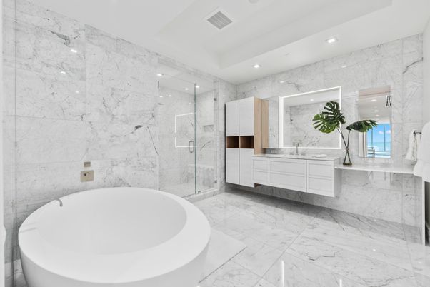 Bathroom, Dual Sink Vanities, Free Standing Baths, Glass Shower, Interior, Marble, Marble Walls, Recessed Lighting