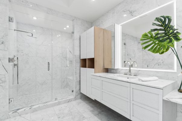 Bathroom, Dual Sink Vanities, Glass Shower, Interior, Marble, Marble Walls, Recessed Lighting