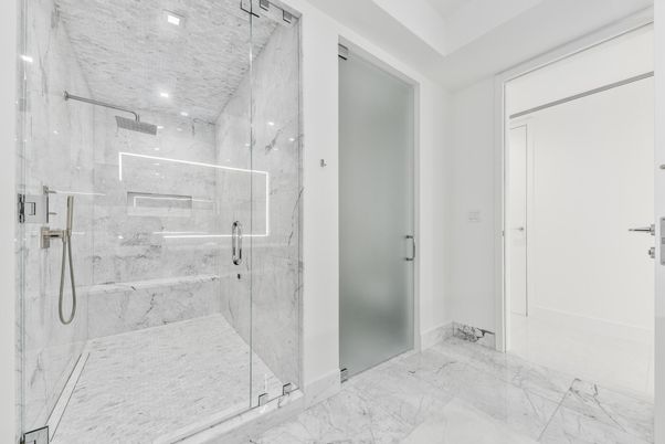 Bathroom, Glass Shower, Interior, Marble, Marble Walls, Recessed Lighting