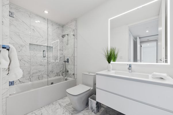 Bathroom, Glass Shower, Interior, Marble, Marble Walls, Recessed Lighting