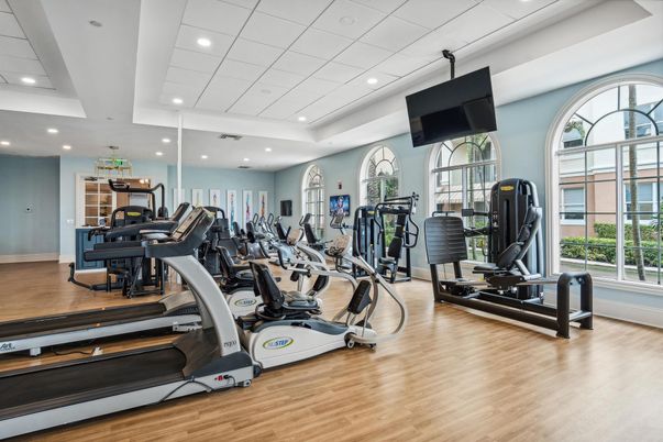 Fitness Equipment, Gym, Interior, Recessed Lighting, Wood Texture Flooring