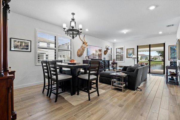 Chandelier, Dining room, Interior, Living room, Recessed Lighting, Wood Texture Flooring