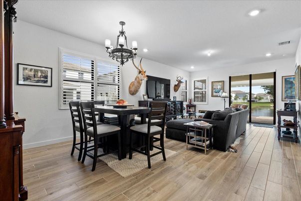 Chandelier, Dining room, Interior, Living room, Recessed Lighting, Wood Texture Flooring