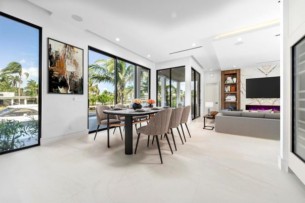 Dining room, Fireplace, Interior, Living room, Recessed Lighting