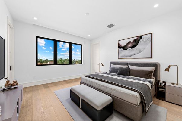 Bedroom, Interior, Recessed Lighting, Wood Texture Flooring