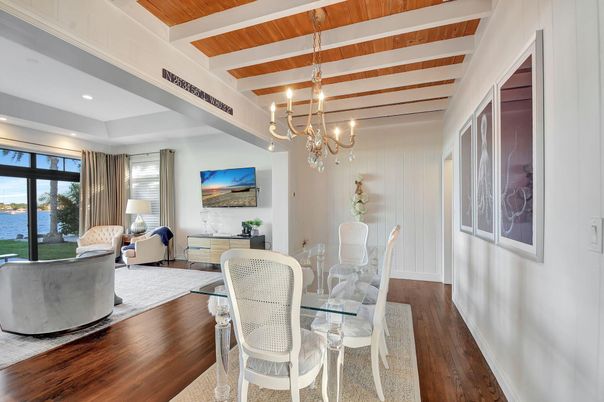 Chandelier, Dining room, Interior, Living room, Recessed Lighting, Water, Wooden Beams, Wood Texture Flooring