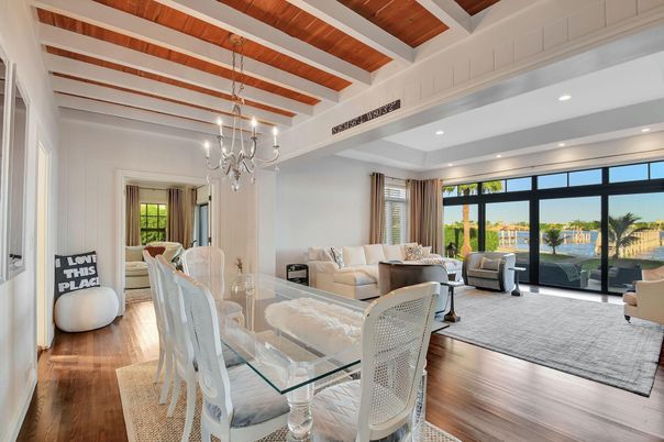 Dining room, Interior, Living room, Pendant Lights, Recessed Lighting, Wooden Beams, Wood Texture Flooring