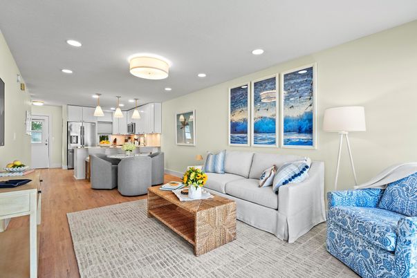 Interior, Kitchen, Living room, Recessed Lighting, Stainless Steel Appliances, Wood Texture Flooring