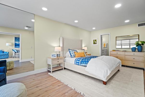 Bedroom, Interior, Recessed Lighting, Wood Texture Flooring