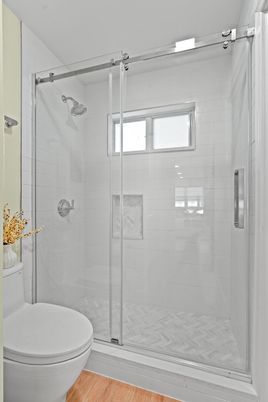 Bathroom, Glass Shower, Interior, Wood Texture Flooring