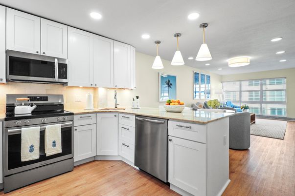 Interior, Kitchen, Pendant Lights, Recessed Lighting, Stainless Steel Appliances, Wood Texture Flooring