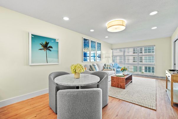 Dining room, Interior, Living room, Recessed Lighting, Wood Texture Flooring