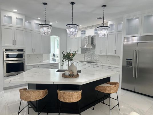 Interior, Kitchen, Marble Walls, Pendant Lights, Recessed Lighting, Stainless Steel Appliances