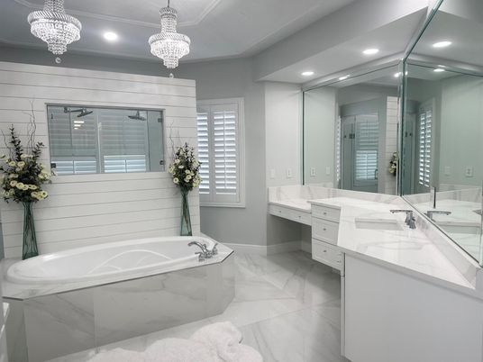 Bathroom, Chandelier, Glass Shower, Interior, Marble, Recessed Lighting