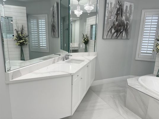 Bathroom, Chandelier, Dual Sink Vanities, Interior, Marble