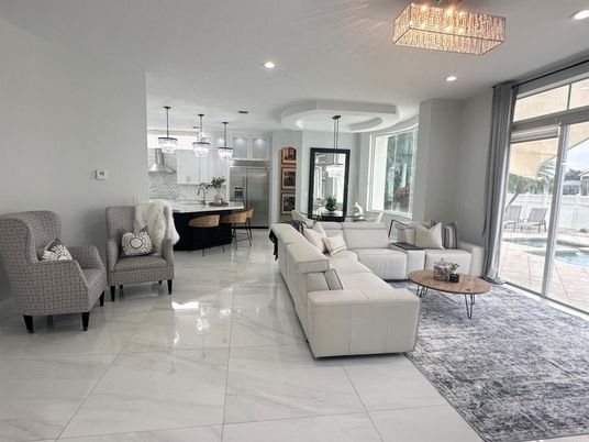 Dining room, Interior, Kitchen, Living room, Marble, Pendant Lights, Recessed Lighting