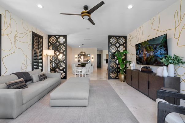 Dining room, Interior, Living room, Marble, Pendant Lights, Recessed Lighting