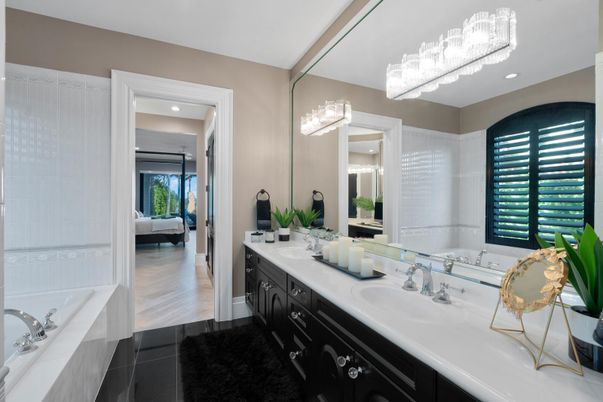 Bathroom, Dual Sink Vanities, Interior, Recessed Lighting, Wood Texture Flooring