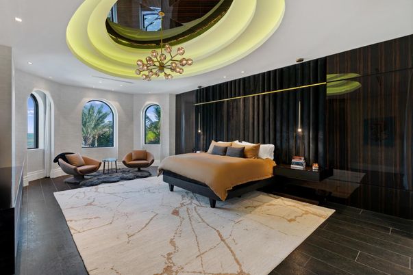 Bedroom, Interior, Pendant Lights, Recessed Lighting, Wood Texture Flooring