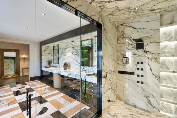 Bathroom, Glass Shower, Interior, Marble, Marble Walls, Recessed Lighting