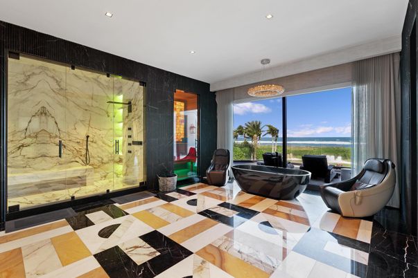 Bathroom, Glass Shower, Interior, Marble, Marble Walls, Recessed Lighting