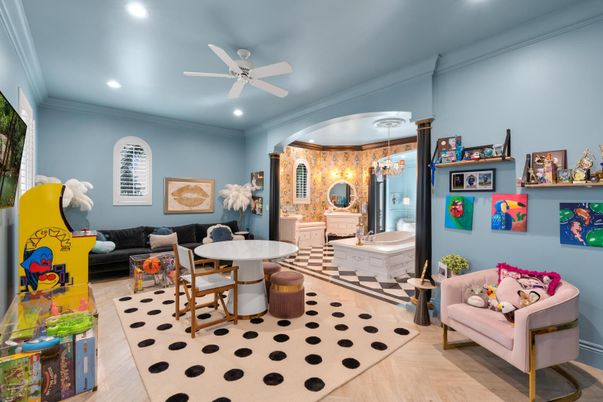Bathroom, Chandelier, Dining room, Interior, Living room, Recessed Lighting, Wood Texture Flooring
