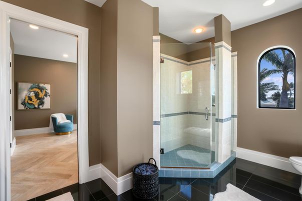 Bathroom, Glass Shower, Interior, Recessed Lighting, Wood Texture Flooring