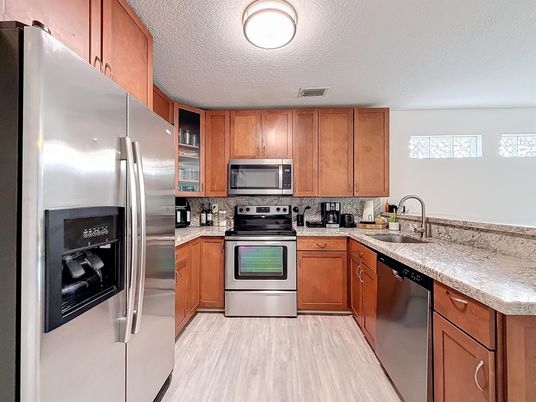 Interior, Kitchen, Marble, Stainless Steel Appliances, Wood Texture Flooring