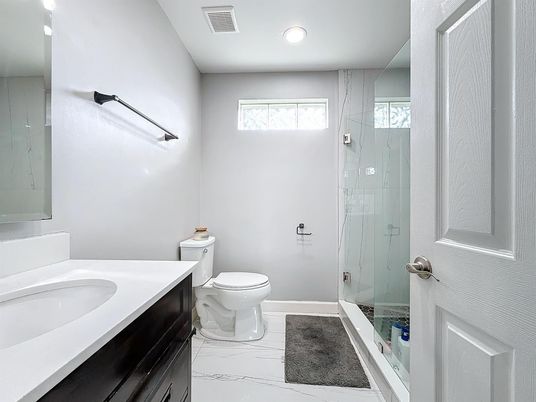 Bathroom, Glass Shower, Interior, Marble, Recessed Lighting