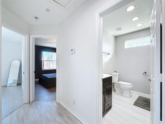 Bathroom, Interior, Recessed Lighting, Wood Texture Flooring