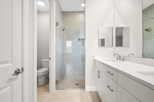 Bathroom, Dual Sink Vanities, Glass Shower, Interior, Recessed Lighting