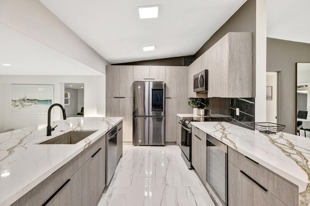 Interior, Kitchen, Marble, Recessed Lighting, Stainless Steel Appliances