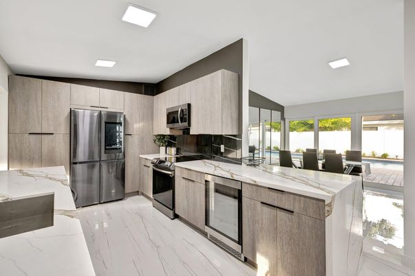 Interior, Kitchen, Marble, Recessed Lighting, Stainless Steel Appliances