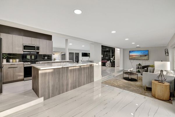 Interior, Kitchen, Living room, Marble, Recessed Lighting, Stainless Steel Appliances