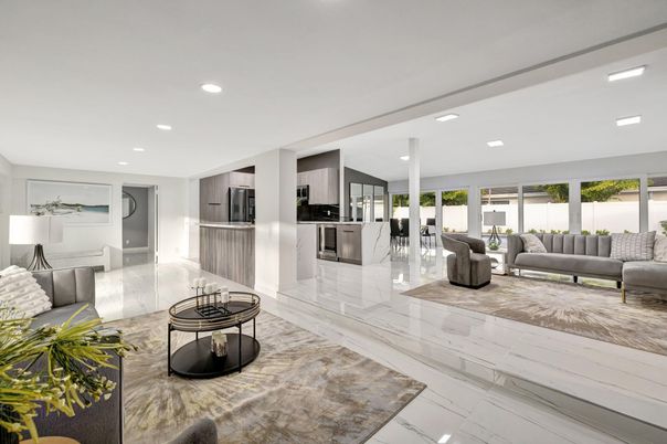 Interior, Kitchen, Living room, Marble, Recessed Lighting, Stainless Steel Appliances
