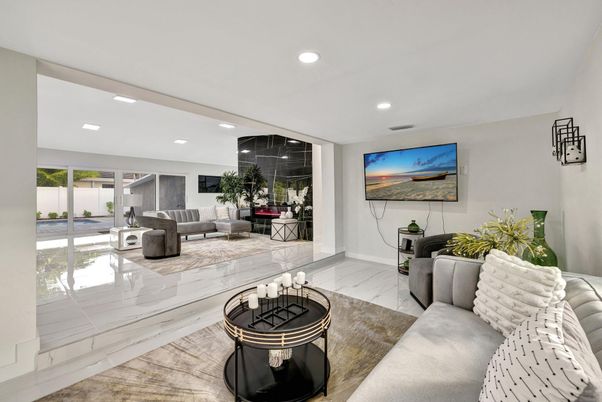 Interior, Living room, Marble, Recessed Lighting, Wood Texture Flooring