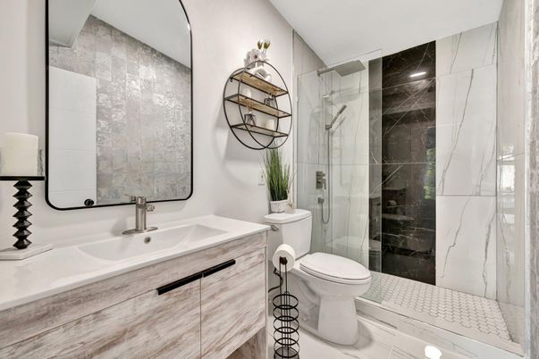 Bathroom, Glass Shower, Interior, Marble Walls