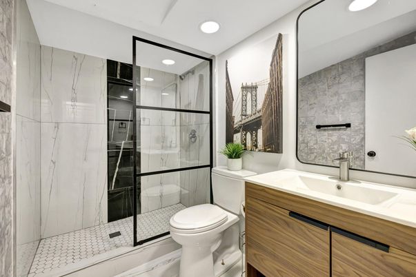 Bathroom, Glass Shower, Interior, Marble Walls, Recessed Lighting