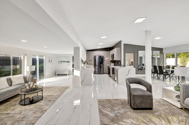 Dining room, Interior, Kitchen, Living room, Marble, Recessed Lighting, Stainless Steel Appliances