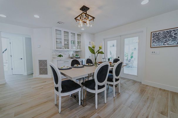 Dining room, Interior, Pendant Lights, Recessed Lighting, Wood Texture Flooring